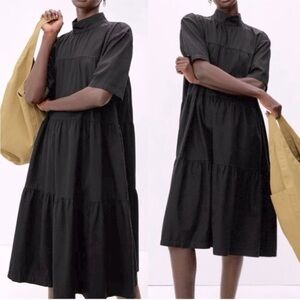 Everlane The Tiered Mock Neck Dress Black Poplin xs